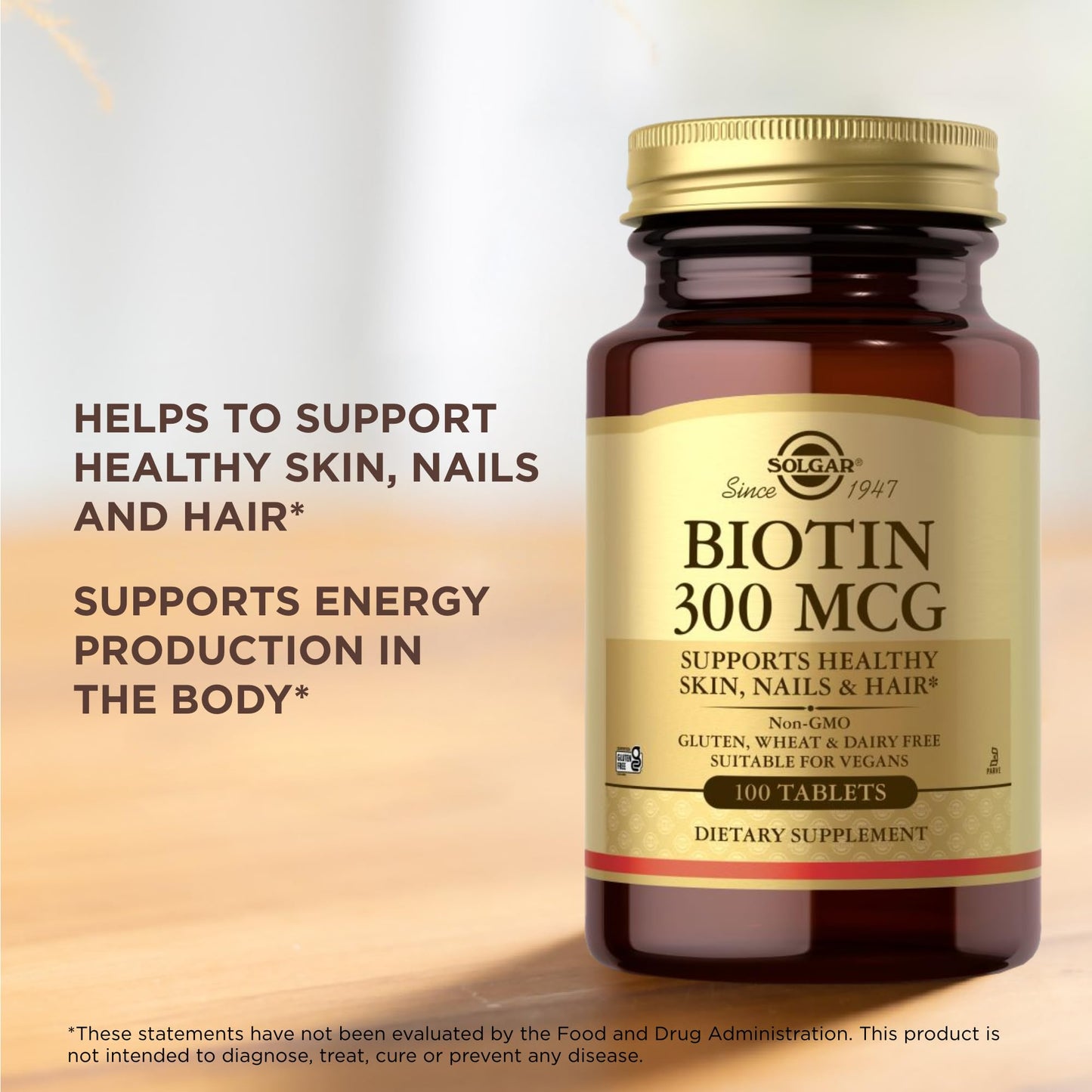 Solgar Biotin 300 mcg - 100 Tablets - Supports Healthy Skin, Nails & Hair - Non-GMO, Vegan, Gluten Free, Dairy Free, Kosherl - 100 Servings