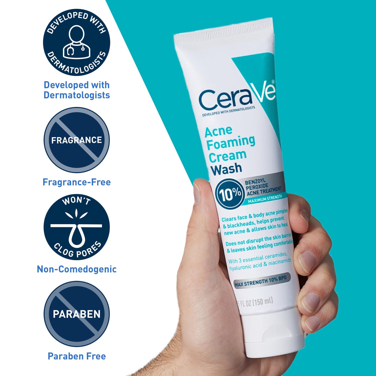 CeraVe Acne Foaming Cream Wash, 10% Benzoyl Peroxide Facial Cleanser, 5oz
