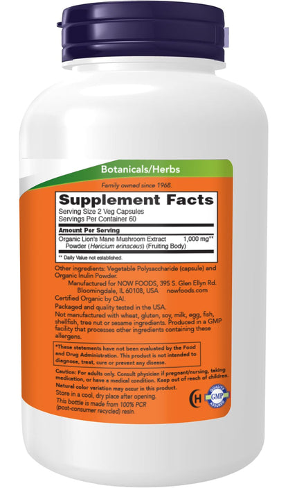 NOW Foods Supplements Lion's Mane 500 mg Super Mushroom Made with Organic Lion's Mane Mushrooms 120 Veg Capsules