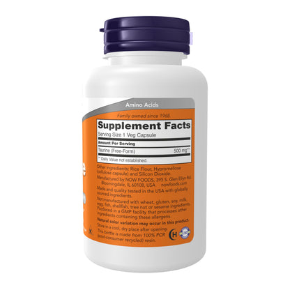 NOW Supplements, Taurine 500 mg, Nervous System Health*, Amino Acid, 100 veg Capsules