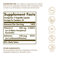 Solgar Dry Vitamin E with Yeast-Free Selenium - 100 Vegetable Capsules - Advanced Antioxidant Support - Non-GMO, Vegan, Gluten Free, Dairy Free, Kosher - 50 Servings