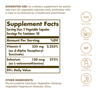 Solgar Dry Vitamin E with Yeast-Free Selenium - 100 Vegetable Capsules - Advanced Antioxidant Support - Non-GMO, Vegan, Gluten Free, Dairy Free, Kosher - 50 Servings