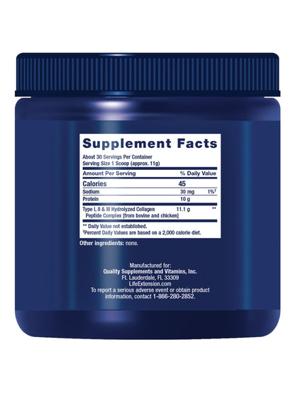 Life Extension Collagen Peptides for Skin & Joints, Collagen Types I, II & III in an Easy-Mix Powder, Gluten Free, Non-GMO, net Weight 343 Grams