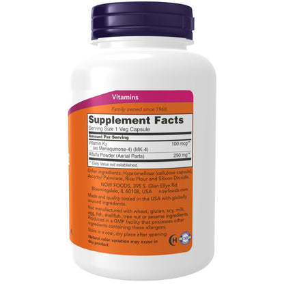 NOW Foods Supplements, Vitamin K-2 100 mcg, Menaquinone-4 (MK-4), Supports Bone Health*, 250 Veg Capsules