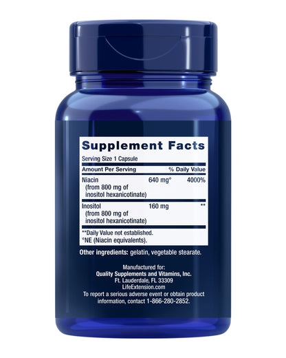 Life Extension No Flush Niacin, B3 for Heart Health, Cholesterol & Energy Support, Non-GMO, Gluten-Free, 100 Capsules