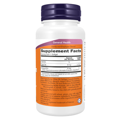 NOW Supplements, Astaxanthin 4 mg derived from Non-GMO Haematococcus Pluvialis Microalgae and has naturally occurring Lutein, Canthaxanthin and Beta-Carotene, 90 Softgels