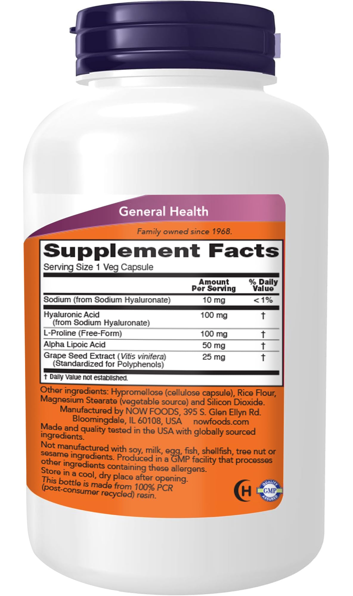 NOW Foods Supplements, Hyaluronic Acid 100 mg, Double Strength with L-Proline, Alpha Lipoic Acid and Grape Seed Extract, 180 Veg Capsules (1)
