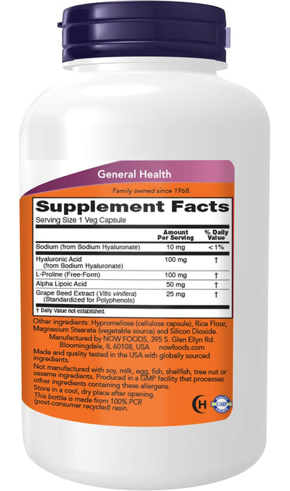 NOW Foods Supplements, Hyaluronic Acid 100 mg, Double Strength with L-Proline, Alpha Lipoic Acid and Grape Seed Extract, 180 Veg Capsules (1)