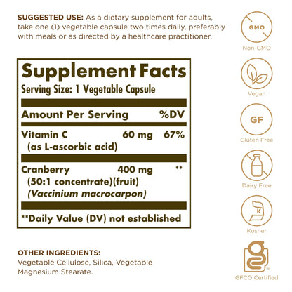 Solgar Cranberry with Vitamin C - 60 Vegetable Capsules - Supports Urinary & Bladder Health - Non-GMO, Vegan, Kosher, Gluten Free - 60 Servings