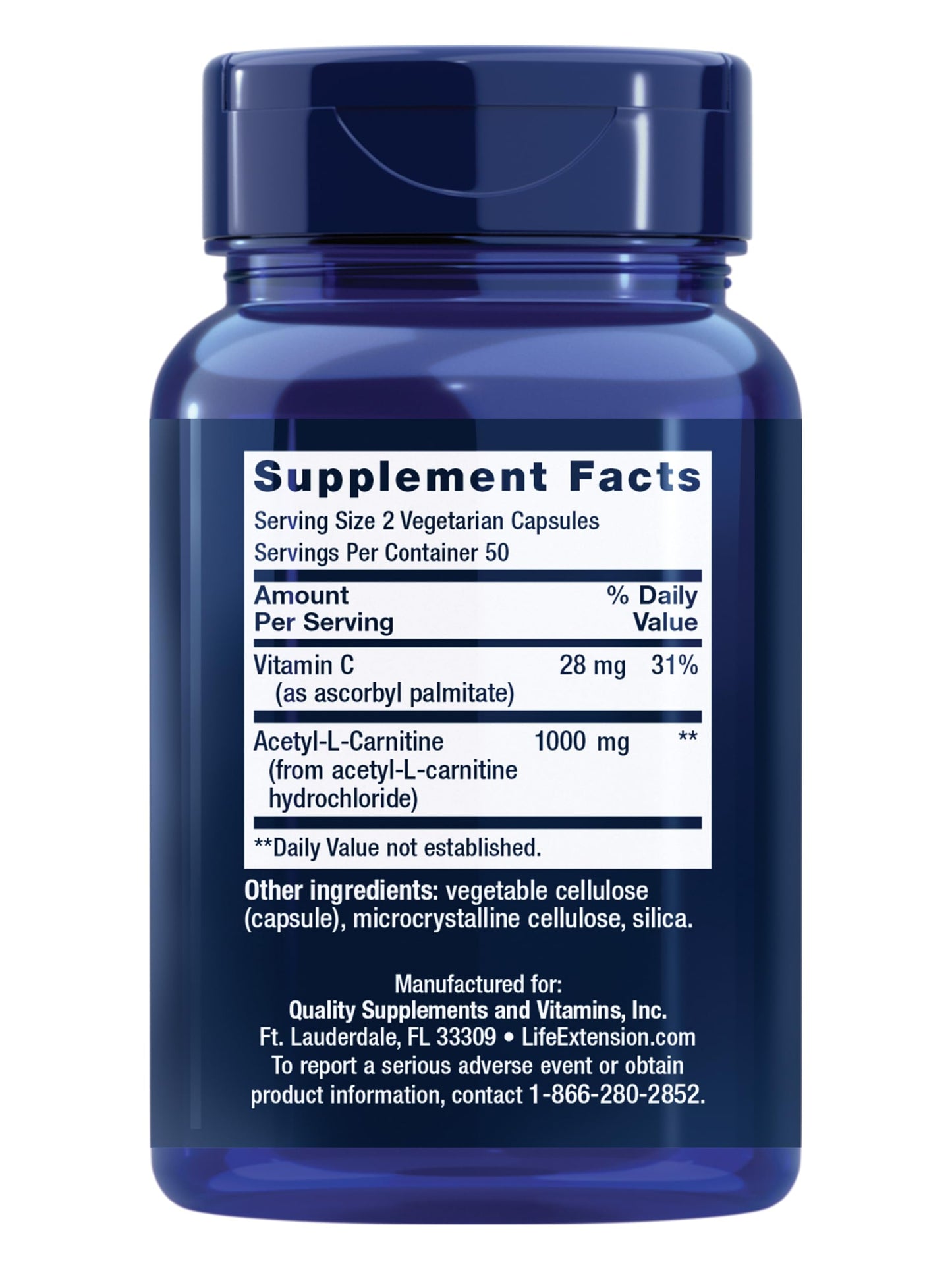 Life Extension Acetyl-L-Carnitine, Acetyl-L-Carnitine, Vitamin C, Brain, Mood & Nerve Health, Cellular Energy, Gluten-Free, Non-GMO, Vegetarian, 100 Capsules