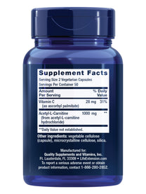 Life Extension Acetyl-L-Carnitine, Acetyl-L-Carnitine, Vitamin C, Brain, Mood & Nerve Health, Cellular Energy, Gluten-Free, Non-GMO, Vegetarian, 100 Capsules