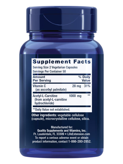 Life Extension Acetyl-L-Carnitine, Acetyl-L-Carnitine, Vitamin C, Brain, Mood & Nerve Health, Cellular Energy, Gluten-Free, Non-GMO, Vegetarian, 100 Capsules