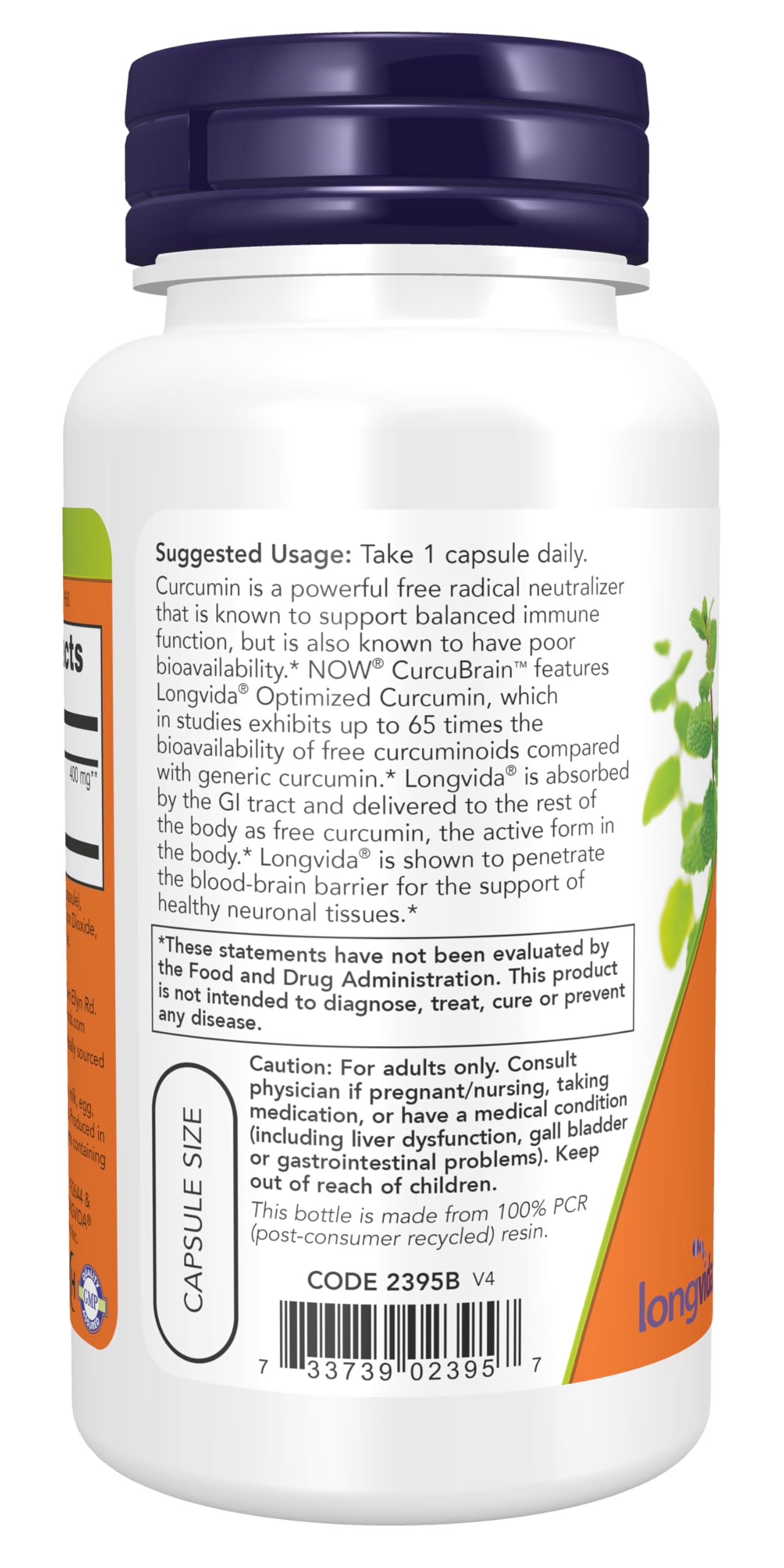 NOW Supplements, CurcuBrain™ 400 mg with Longvida® Optimized Curcumin, 50 Veg Capsules