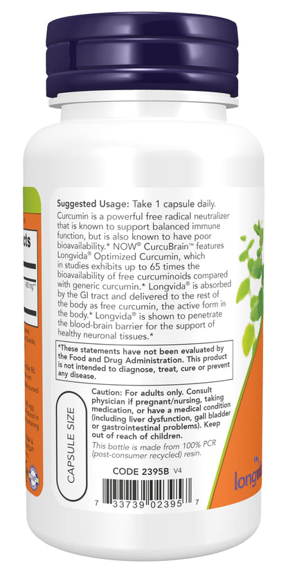NOW Supplements, CurcuBrain™ 400 mg with Longvida® Optimized Curcumin, 50 Veg Capsules