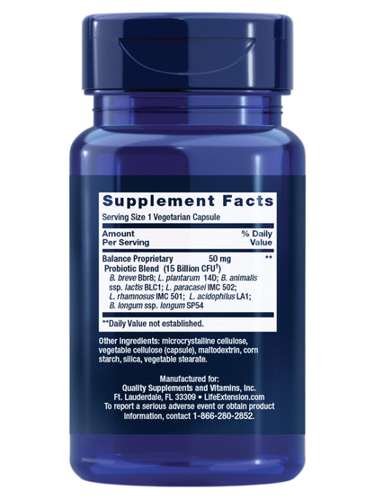 Life Extension FLORASSIST® Probiotic Balance, Gut Health, Immune Support, Whole-Body Health, 7 strains, 15 Billion CFUs, Non-GMO, Gluten-Free, Vegetarian, 30 Capsules