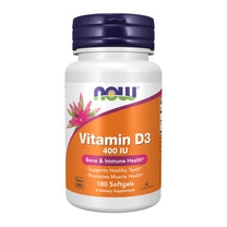 NOW Supplements, Vitamin D-3 400 IU, Strong Bones*, Structural support*, 180 Softgels