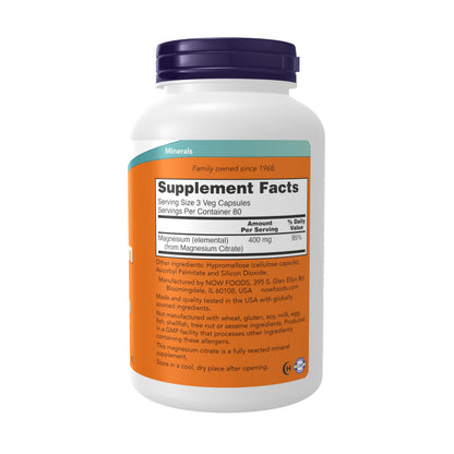 NOW Foods Supplements, Magnesium Citrate, Enzyme Function*, Nervous System Support*, 240 Veg Capsules