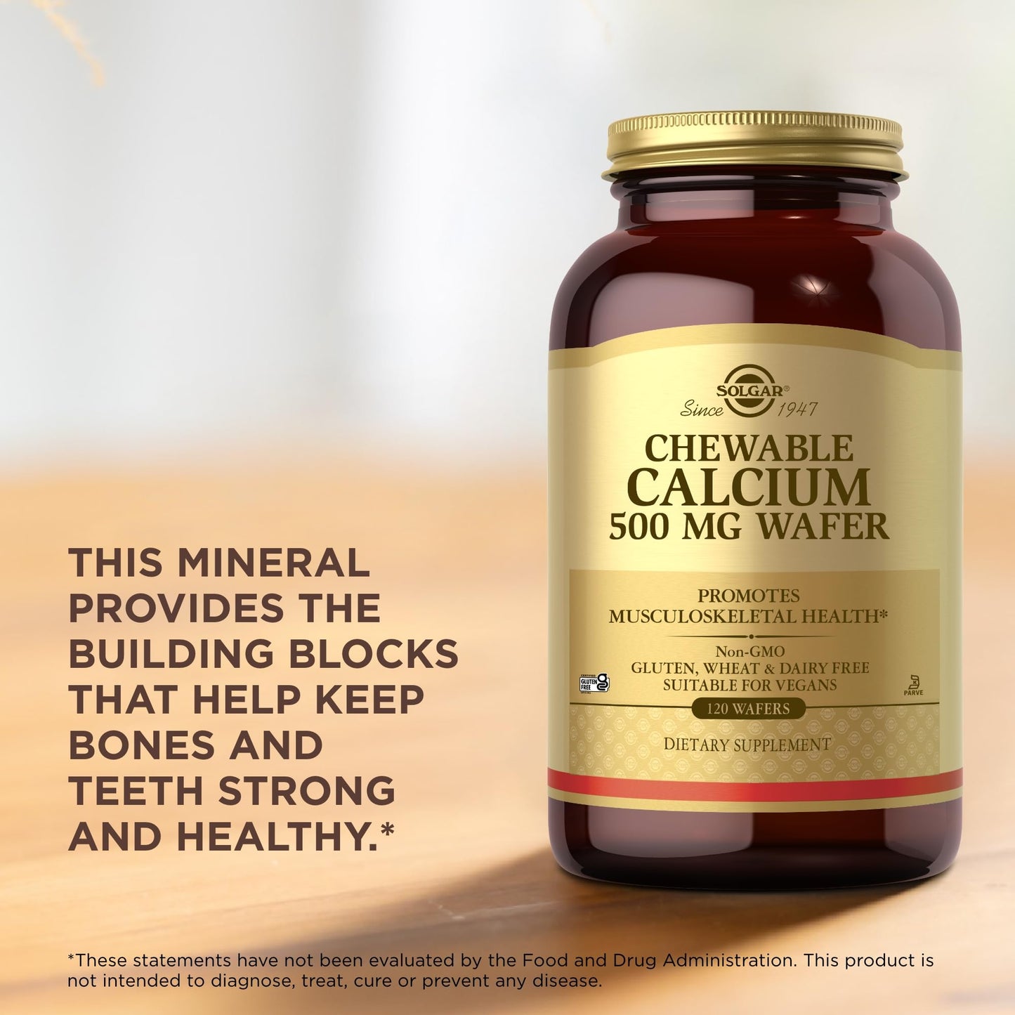 Solgar Chewable Calcium 500 mg - 120 Wafers - Promotes Musculoskeletal Health - Non-GMO, Vegan, Gluten, Wheat & Dairy Free, Kosher - 60 Servings