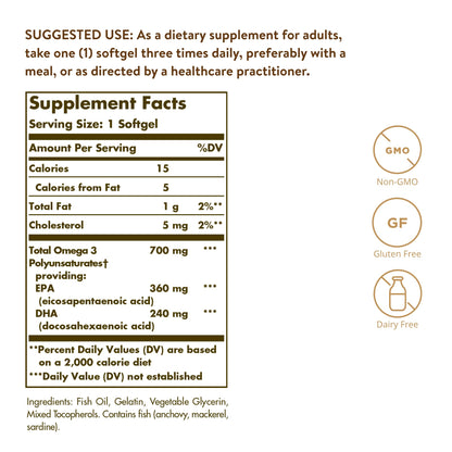 Solgar Double Strength Omega-3 700 mg, 120 Softgels - Fish Oil Supplement - Support for Cardiovascular, Joint & Cellular Health - Contains EPA & DHA Omega 3 Fatty Acids - Gluten Free - 120 Servings