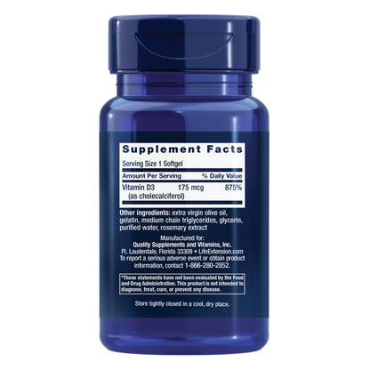 Life Extension Vitamin D3 175 mcg (7000 IU), Immune System Support, Bone Health, Brain Performance, Gluten-Free, Non-GMO, Once Daily, Two-Month Supply, 60 softgels