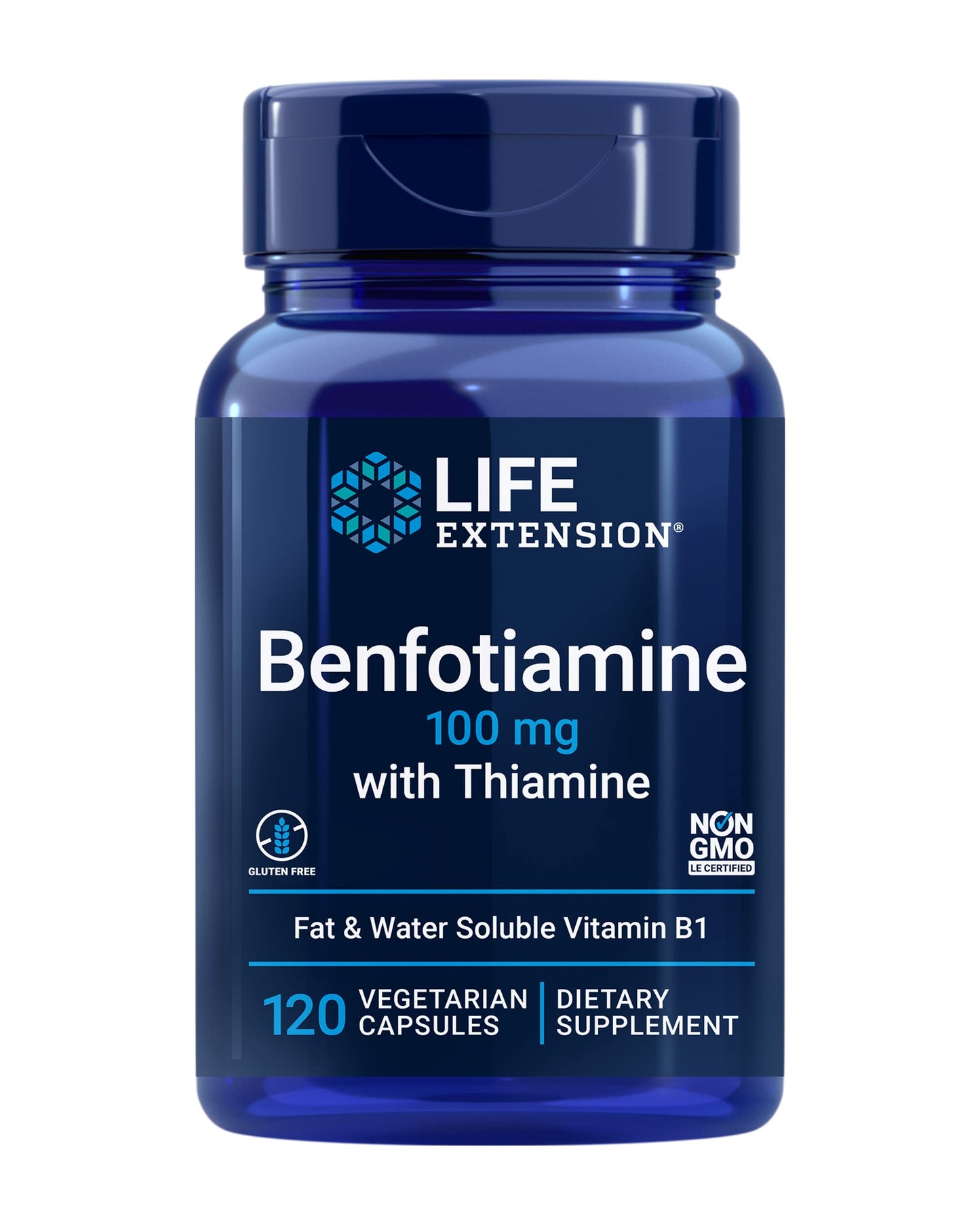 Life Extension Benfotiamine with Thiamine, 100 mg benfotiamine, Cardiovascular Health, Brain Health, Non-GMO, Gluten-Free, 120 Vegetarian Capsules