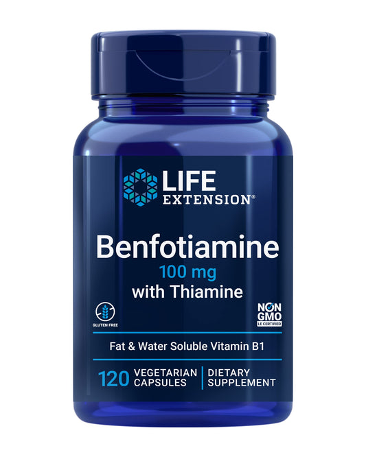 Life Extension Benfotiamine with Thiamine, 100 mg benfotiamine, Cardiovascular Health, Brain Health, Non-GMO, Gluten-Free, 120 Vegetarian Capsules