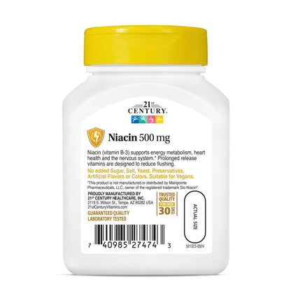 21st Century Niacin 500mg Prolonged Release Tablets, Vitamin B3, 100ct