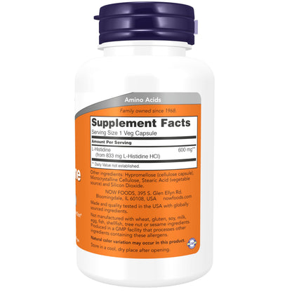Now Supplements, L-Histidine 600 mg, Essential Amino Acid, Critical for Normal Brain Function*, Immune System Support*, 60 Veg Capsules