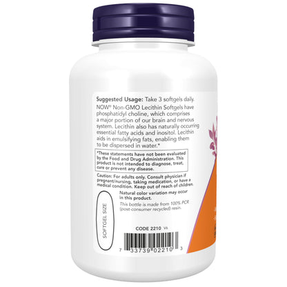 NOW Supplements, Lecithin 1200 mg with naturally occurring Phosphatidyl Choline, 100 Softgels