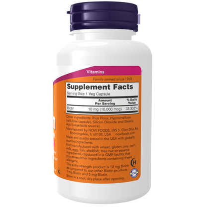 NOW Foods Supplements, Biotin 10 mg (10,000 mcg), Extra Strength, Energy Production*, 120 Veg Capsules