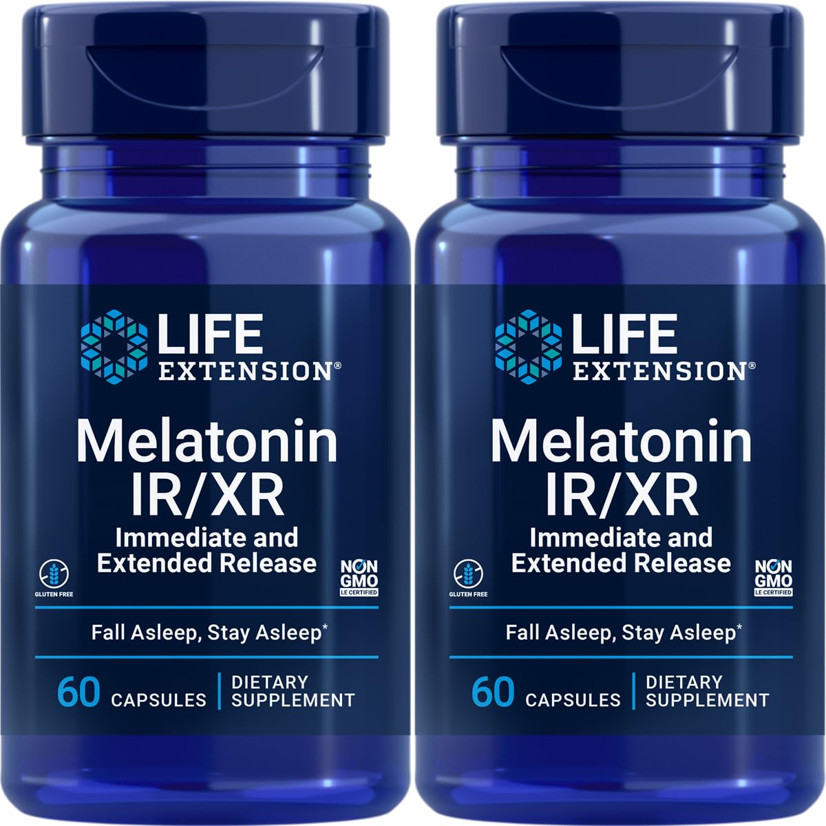 Life Extension Melatonin IR/XR, 1.5 mg, immediate- and Extended-Release Formula for Optimal Sleep Support, Healthy circadian Rhythms, Cellular Defense, Gluten-Free, Non-GMO, 2 X 60 Capsules