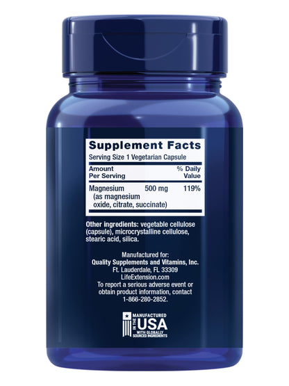 Life Extension Magnesium Caps, 500 mg, Magnesium Oxide, Citrate, and Succinate, Heart Health, Healthy Bones, Metabolism Support, 100 Vegetarian Capsules