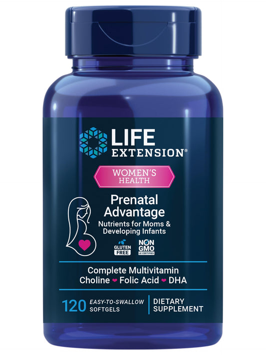 Life Extension Prenatal Advantage, Women’s multivitamin, Baby Support, folic Acid, Choline, omega-3s, Vitamin C, D3, B1, B6, B12, zinc, niacin, Gluten Free, Non-GMO, 120 softgels