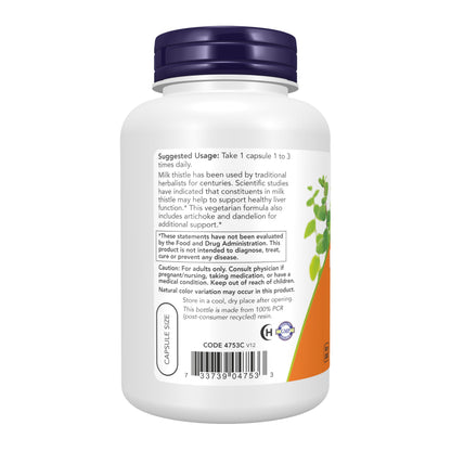 NOW Foods Supplements, Silymarin Milk Thistle Extract 300 mg with Artichoke and Dandelion, Double Strength, Supports Liver Function*, 200 Veg Capsules