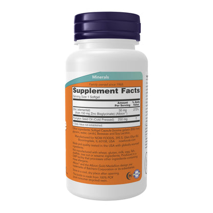 NOW Foods Supplements, Zinc Glycinate with 250 mg Pumpkin Seed Oil, Supports Prostate Health*, 120 Softgels (Packaging May Vary)
