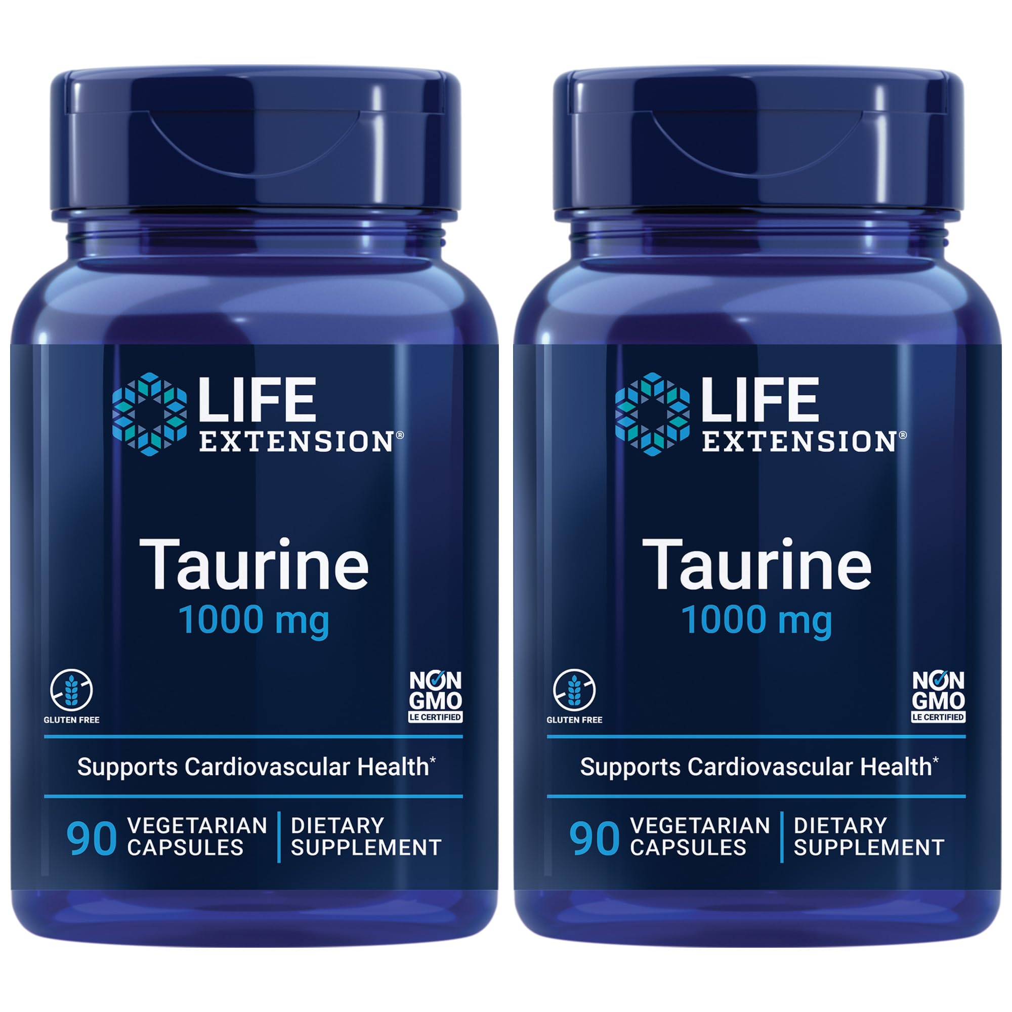 Life Extension Taurine, Pure Taurine Amino Acid Supplement, Heart, Liver and Brain Health, Longevity, Muscle and Exercise, 1000 mg dose, Non-GMO, Gluten-Free - Two Pack - 90 Vegetarian Capsules x 2