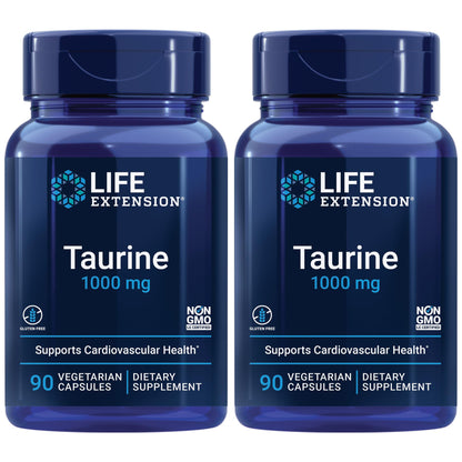 Life Extension Taurine, Pure Taurine Amino Acid Supplement, Heart, Liver and Brain Health, Longevity, Muscle and Exercise, 1000 mg dose, Non-GMO, Gluten-Free - Two Pack - 90 Vegetarian Capsules x 2