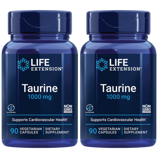 Life Extension Taurine, Pure Taurine Amino Acid Supplement, Heart, Liver and Brain Health, Longevity, Muscle and Exercise, 1000 mg dose, Non-GMO, Gluten-Free - Two Pack - 90 Vegetarian Capsules x 2
