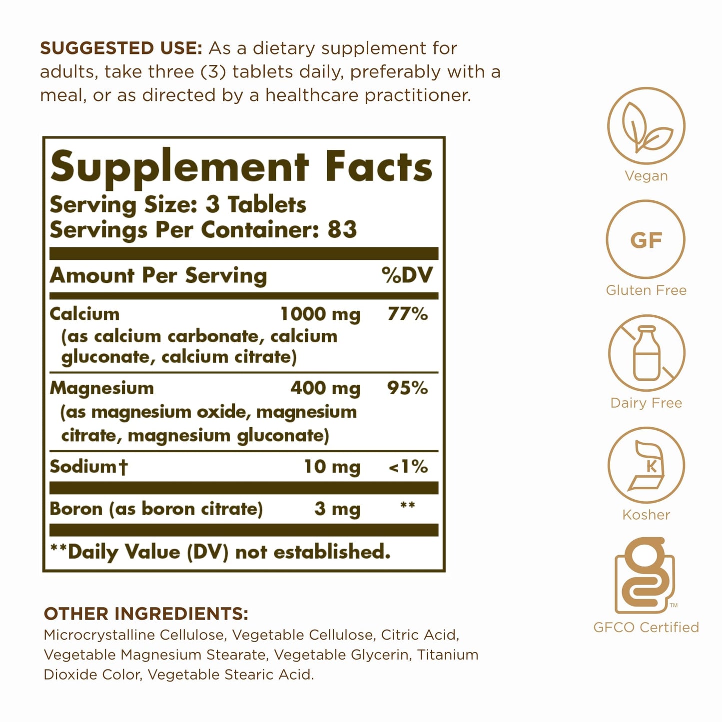 Solgar Calcium Magnesium Plus Boron - 250 Tablets, Pack of 3 - Non-GMO, Vegan, Gluten Free, Dairy Free, Kosher - 249 Total Servings