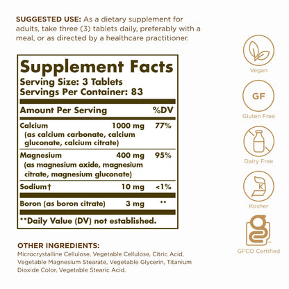 Solgar Calcium Magnesium Plus Boron - 250 Tablets, Pack of 3 - Non-GMO, Vegan, Gluten Free, Dairy Free, Kosher - 249 Total Servings