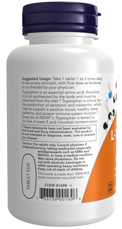 NOW Foods Supplements, L-Tryptophan 1,000 mg, Double Strength, Encourages Positive Mood*, Supports Relaxation*, 60 Tablets