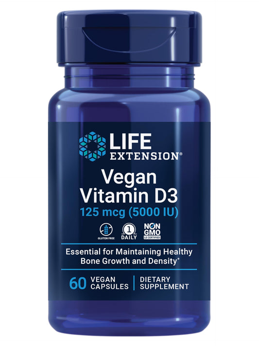 Life Extension Vegan Vitamin D3, 125 mcg (5000 IU), cholecalciferol from Algae, high-Potency Immune, Bone & Whole-Body Health, Gluten-Free, Non-GMO, 1 Daily, 60 Capsules