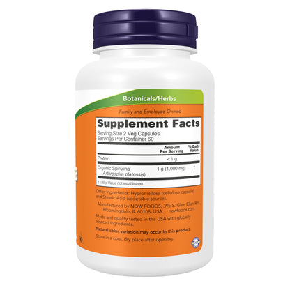NOW Foods Supplements, Natural Spirulina 500 mg with Beta-Carotene (Vitamin A) and Vitamin B-12, and naturally occurring Protein and GLA (Gamma Linolenic Acid), 120 Veg Capsules