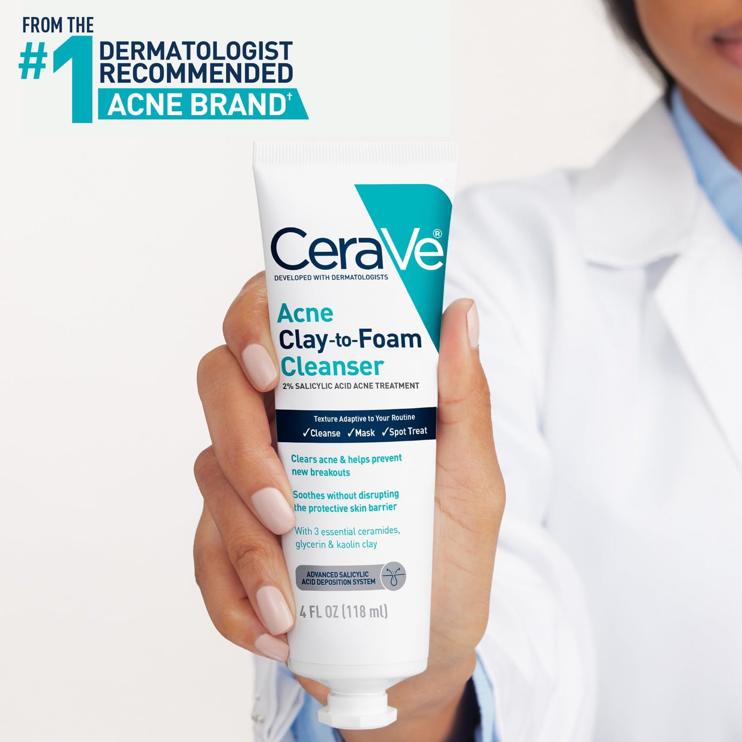 CeraVe Clay to Foam Acne Face Wash, Salicylic Acid Spot Treatment, 4 Oz