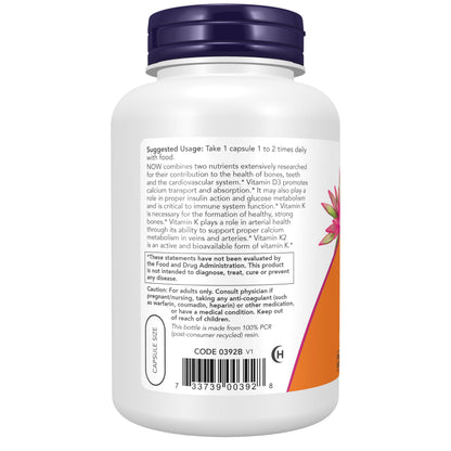Now Supplements, Vitamin D3 & K2, 1,000 IU/45 mcg, Plus Cardiovascular Support*, Supports Bone Health*, 240 Veg Capsules