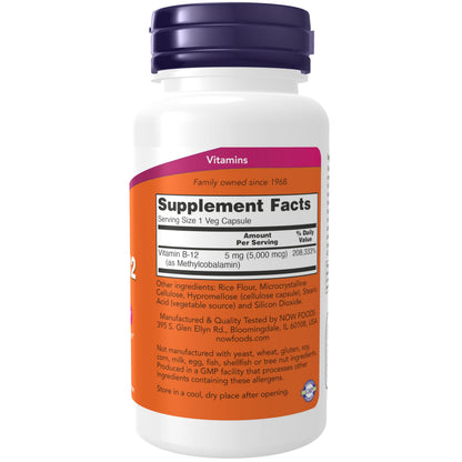 NOW Foods Supplements, Methyl B-12 5000mcg,Methylcobalamin, Hypoallergenic, 90 Veg Capsules