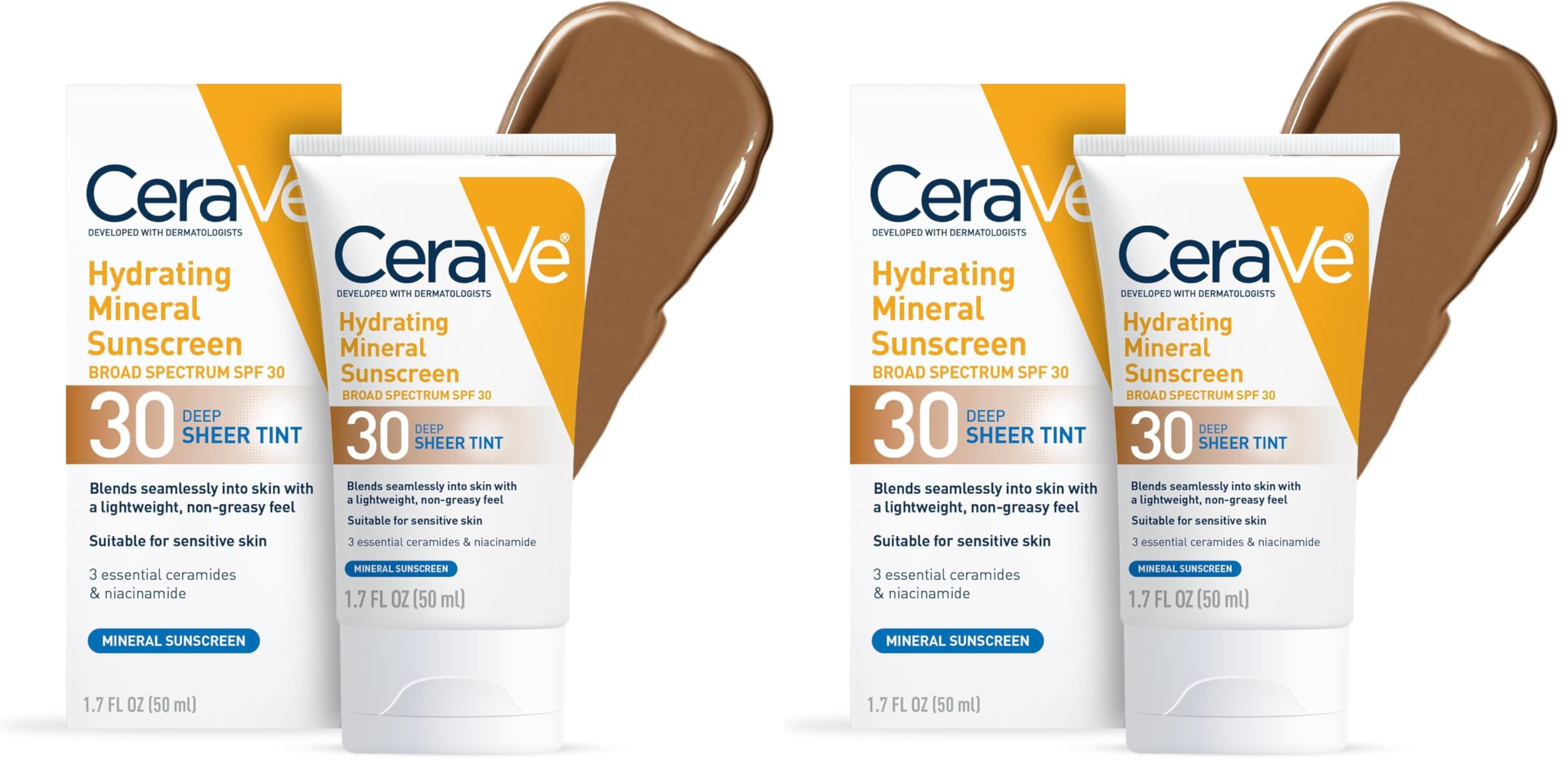 CeraVe Hydrating Mineral Sunscreen SPF 30 with Sheer Tint,Tinted Mineral Sunscreen with Zinc Oxide & Titanium Dioxide,Blends Seamlessly For Healthy Glow,Deep,1.7 Oz,(Pack of 2)