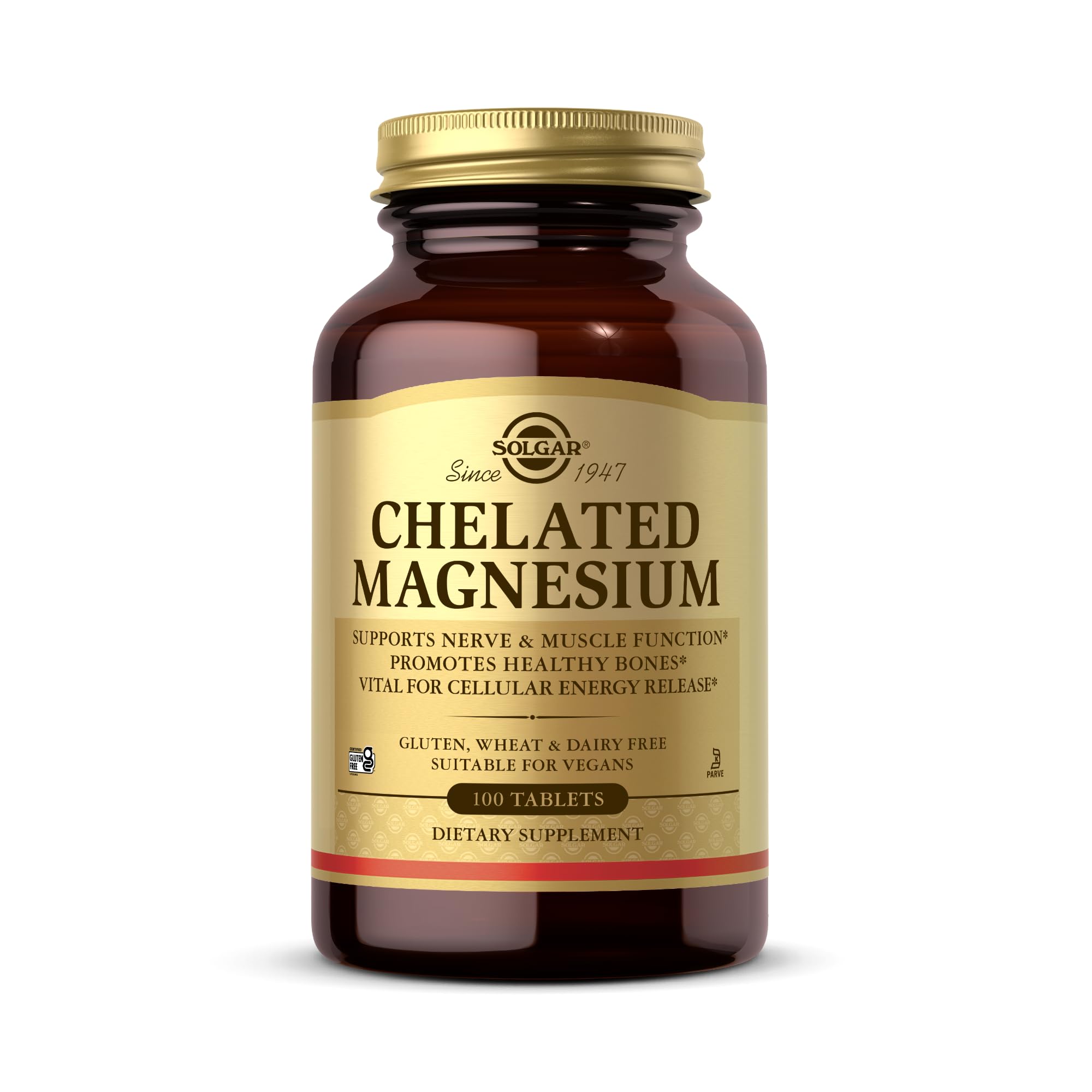 Solgar Chelated Magnesium - 100 Tablets - Supports Nerve & Muscle Function - Non-GMO, Vegan, Gluten Free, Dairy Free, Kosher - 25 Servings