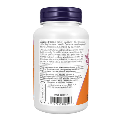 NOW Supplements, DMAE (Dimethylaminoethanol) 250 mg, Healthy Brain Function*, 100 Veg Capsules