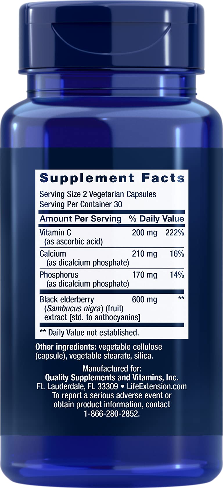 Life Extension Black Elderberry + Vitamin C, 60 Capsules